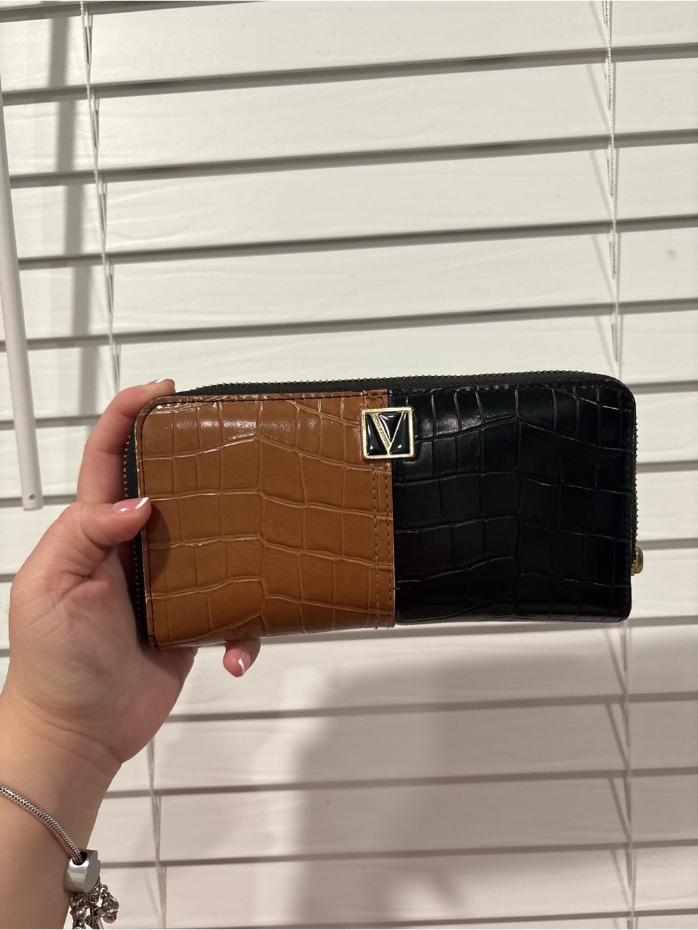 Victoria's Secret Croc-Embossed Two-Tone Zip Wallet - Black & Brown